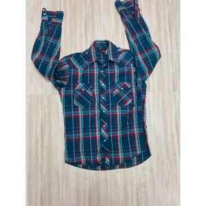 Wrangler Western Plaid Long Sleeve Snap Button Shirt Men's Medium Teal Red Green
